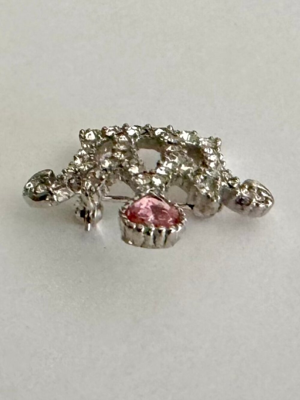 Vintage Silver Tone Rhinestone Crown Brooch Pink Heart Crystal Pin, MINT! - Picture 4 of 9